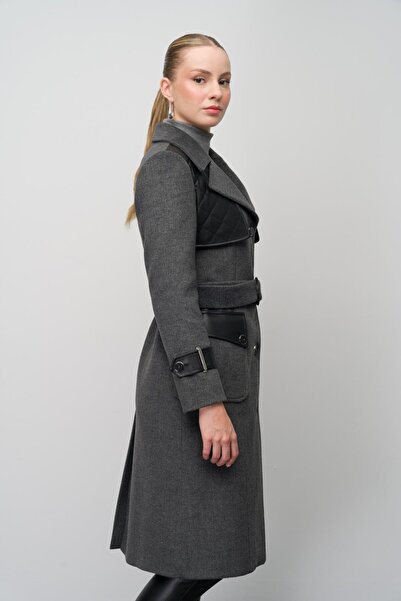 Olcay Men's Leather Cape and Garni Detailed Coat - Dark Gray 3083