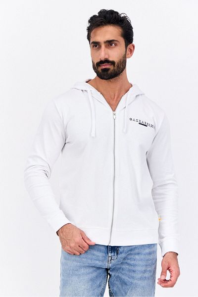 GAZZARRİNİ Men Hooded Brand Logo Long Sleeve Sweatshirt, White