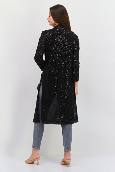 Black Tape Women Open Front Long Sleeve Mesh Embellished Cardigan, Black