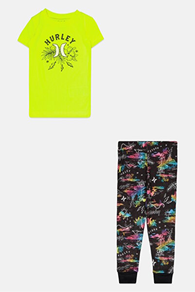 Hurley طقم بيجامة مطبوع مكون من قطعتين للبنات الصغار، أخضر ليموني