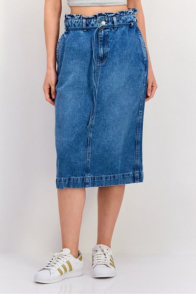Esprit Women Washed Belted Denim Midi Skirt, Blue