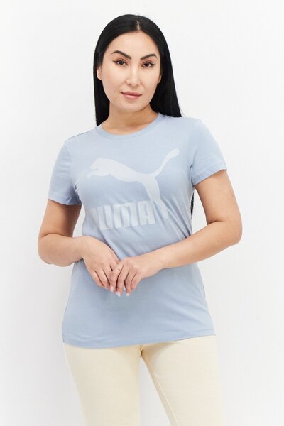 Puma تي شيرت رياضي نسائي بشعار العلامة التجارية، باللون الأزرق