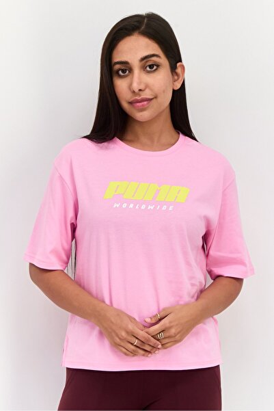 Puma تي شيرت نسائي رياضي بأكمام قصيرة مناسب للخارج، وردي