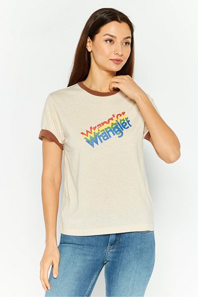 WRANGLER Women Round Neck Short Sleeves Graphic Print Top, Beige