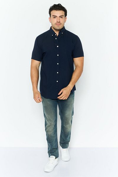 Threadbare Men Slim Fit Embroidered Short Sleeves Casual Shirt, Navy Blue
