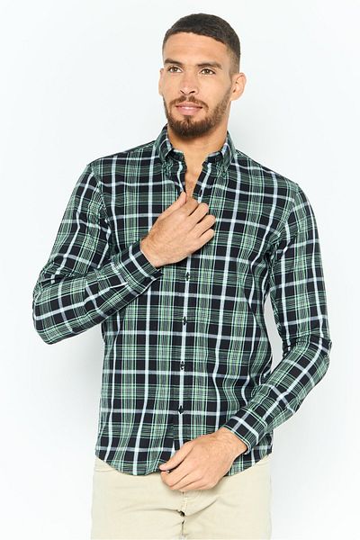 Michael Kors Men Regular Fit Long Sleeve Checkered Casual Shirt, Green