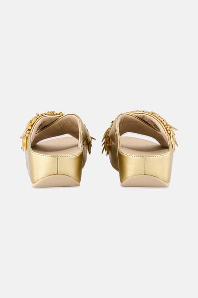 Fitflop Women Rumba Beaded Metallic Cross Slide Sandals, Platino Gold