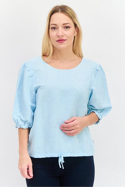 WRANGLER Women Round Neck Short Sleeve Textured Blouse, Light Blue