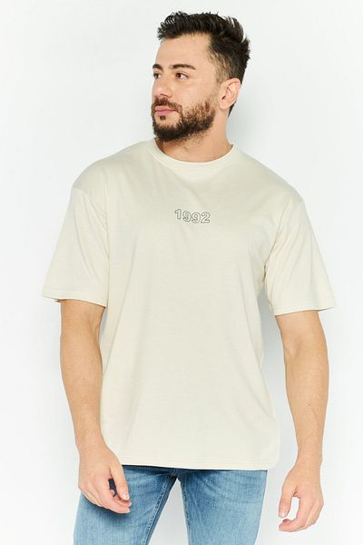 Denim & Flower x Ricky Singh Men Round Neck Short Sleeve Graphic Print T-Shirt, Beige