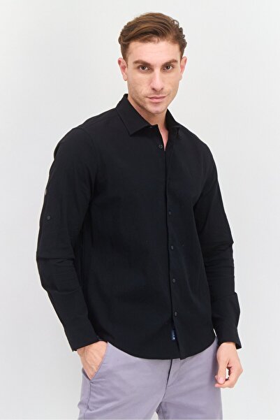 Perry Ellis Men Stretch Fit Long Sleeve Textured Casual Shirt, Black