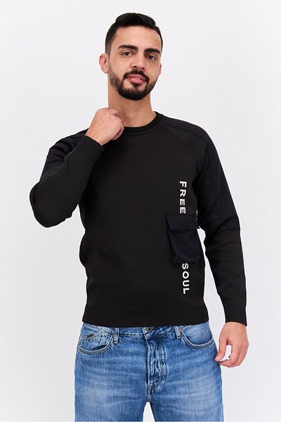 freesoul Men Round Neck Brand Logo Long Sleeve Sweatshirt, Black