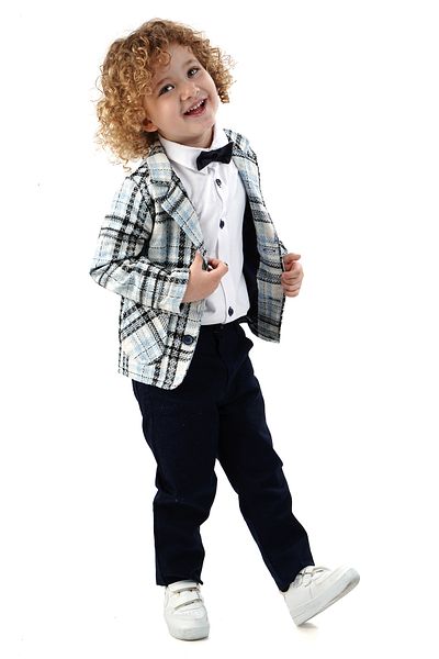 Monttini Boy's 4-Piece Suit Plaid Jacket, White Shirt, Bow Tie and Pants