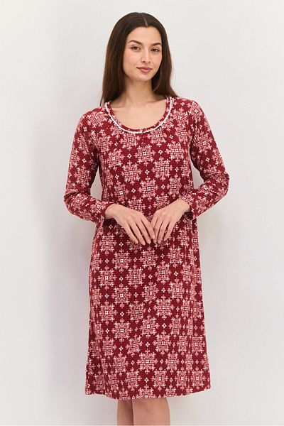 Carole Hochman Women Long Sleeve Allover Print Night Dress, Maroon