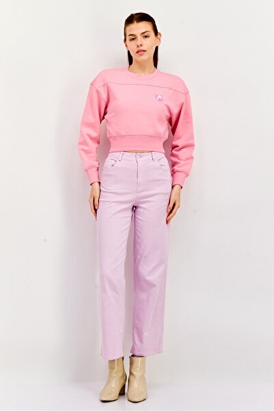 Esprit Women Crew Neck Graphic Print Long Sleeves Crop Sweatshirt, Pink