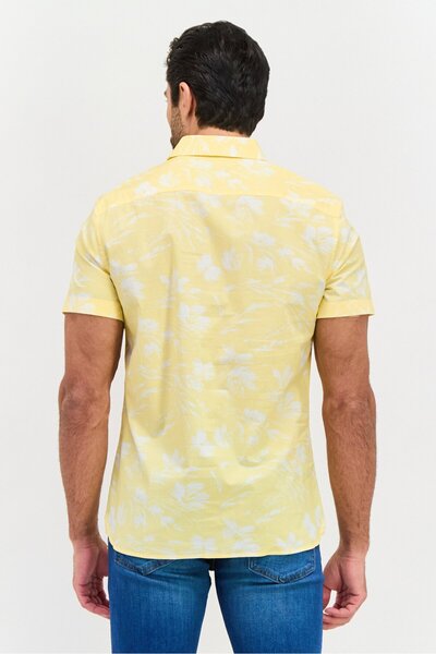 Perry Ellis Men Stretch Fit Short Sleeves Allover Printed Casual Shirt, Yellow Combo