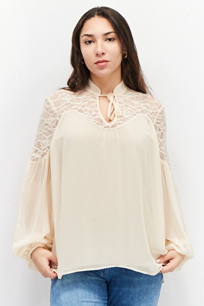 Esprit Women Tie Neck Balloon Sleeves Textured Blouse, Beige