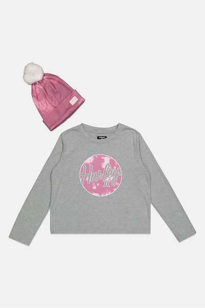 Hurley Kids Girl 2 Pcs Graphic Print Long Sleeve T-shirts And Beanie Hat Sets, Heather Grey