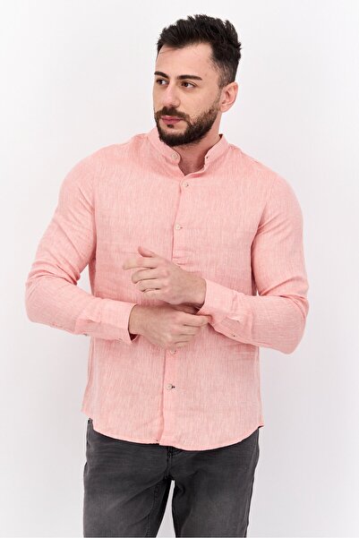 Ike Behar قميص رجالي كاجوال من قماش شامبراي بأكمام طويلة وقصّة عادية، باللون الوردي