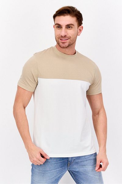 Denim & Flower x Ricky Singh Men Round Neck Short Sleeve Two Tone T-shirt, Off White