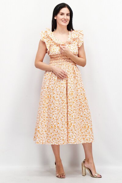 Aqua Women Floral Midi Dress, Orange