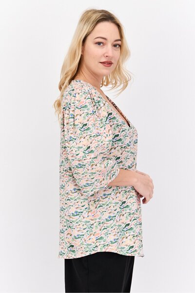 Scotch & Soda Women V Neck Short Sleeve Allover Print Tunic Top, Green Combo