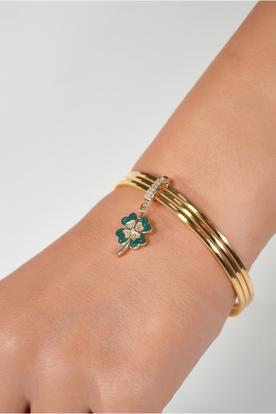 LesPeras 14 Ayar Altın 2.27 Gram Bilezik için Ortası Taşlı Yeşil Mineli Charm