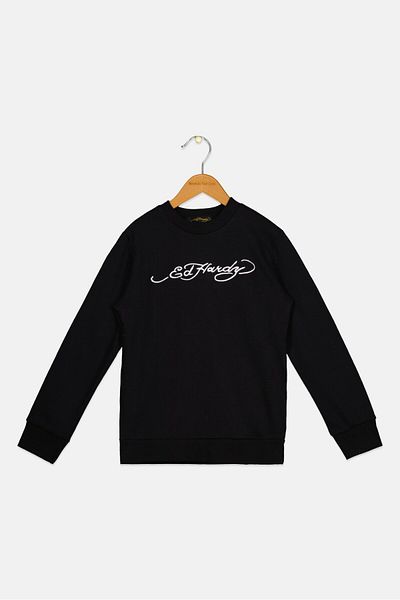 Ed Hardy Kids Boy Crew Neck Long Sleeve Embroidered Logo Sweatshirts, Black