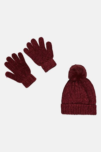 Laundry by Shelli Segal Women 2pcs Cable Knit Beanie And Gloves Set, Aubergine