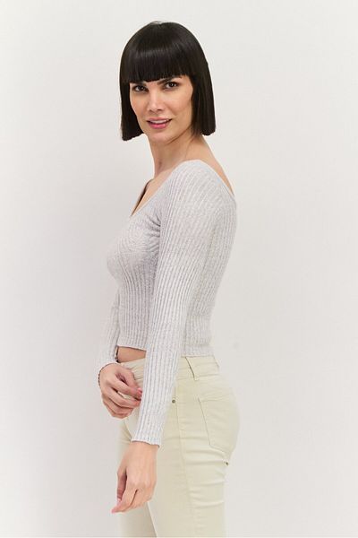 Sage The Label Women Scoop Neck Knitted Long Sleeves Sweater, Grey