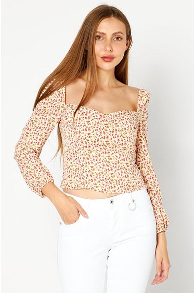 Kourt Women Queen Anne Neck Long Sleeves Floral Print Top, White Floral