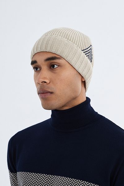 Nordbron Ανδρικό μπεζ μαλακό βαμβακερό μοτίβο Beanie διπλωμένο χειμωνιάτικο πολύχρωμο λεπτομερές λογότυπο Basic Knitwear Davis