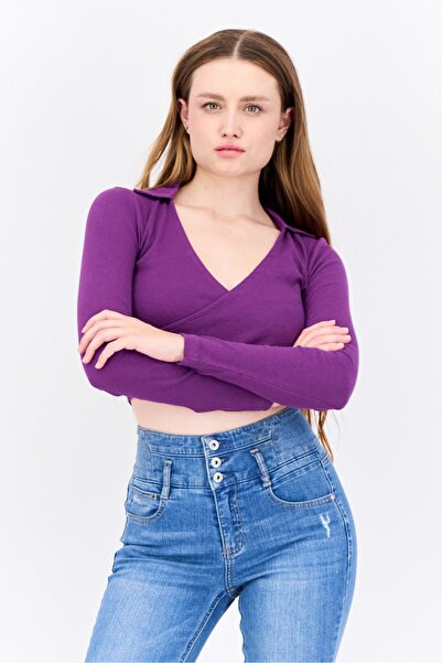 Brave Soul Women Surplice Neck Long Sleeves Textured Crop Top, Purple