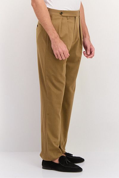 Gant Men Regular Fit Plain Wide Leg Flannel Suit Pants, Warm Khaki