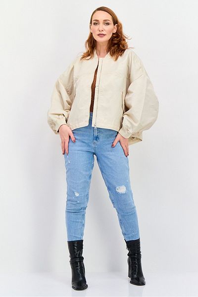 Esprit Women Band Collar Solid Oversized Bomber Jacket, Beige