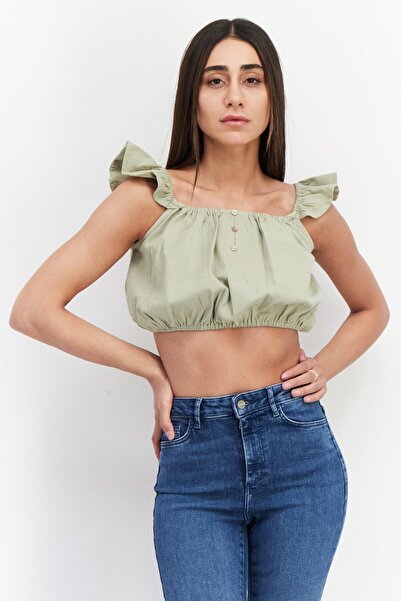 Missguided Women Petite Square Neck Flutter Sleeve Crop Top, Khaki