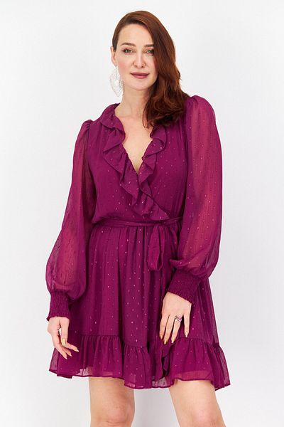 Taylor Women Metallic Clip Dot Belted Chiffon Dress, Purple