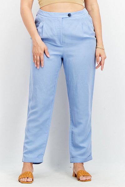 Tchibo Women Regular Fit Plain Pleated Trouser, Light Blue