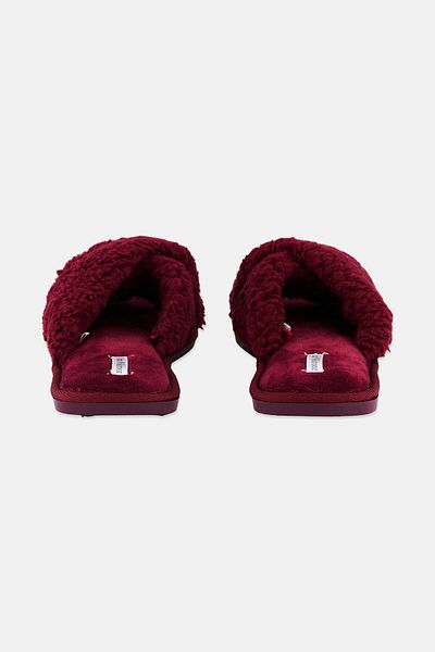 Flora Nikrooz Women Faux Fur X Cross Slip On Slipper, Maroon