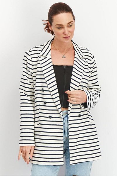 Tchibo Women Regular Fit Stripe Blazer Jacket, White
