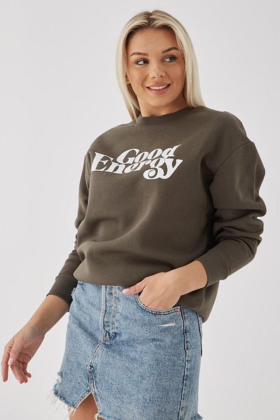 Fashion Friends Sweat imprimat cu gât roșu kaki