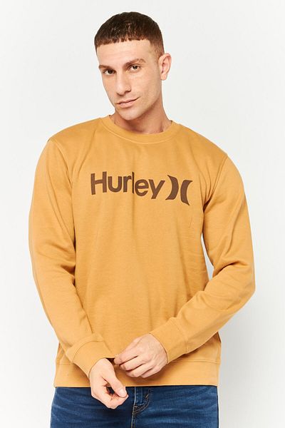 Hurley Men Crew Neck Long Sleeve Brand Logo Sweatshirt, Light Tan