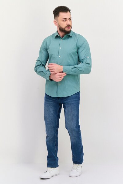 Perry Ellis Men Stretch Fit Long Sleeve Plain Casual Shirt, Slate Green