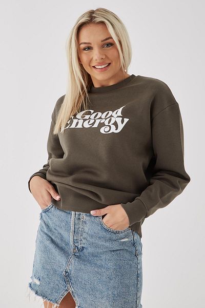 Fashion Friends Sweat imprimat cu gât roșu kaki