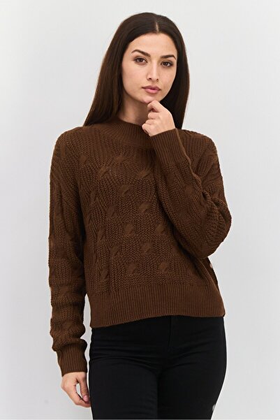 Mode by Redtape Women High Neck Knitted Sweater, Dark Brown
