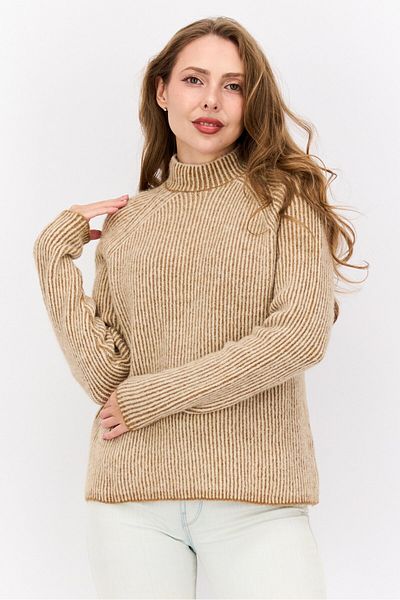 Hugo Boss Women Mock Neck Striped Sweaters, Beige