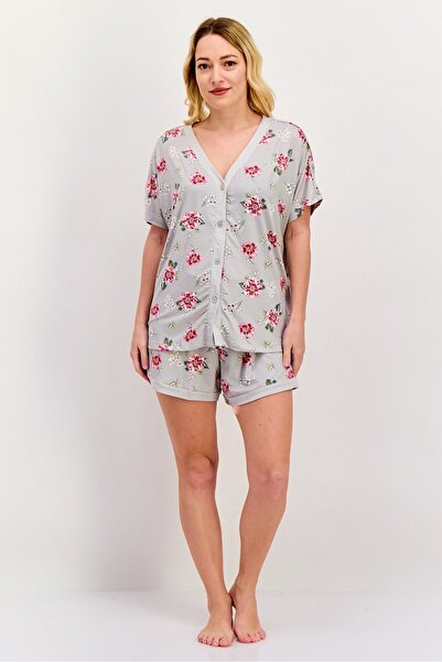 Anne Klein Women 2 Pieces Short Sleeve Floral Print Top And Short Set, Grey Combo