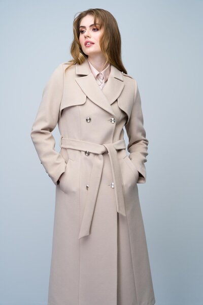 Olcay BEIGE Double Breasted Cashmere Coat - Epaulet and Cloak Detail, Intermediate Size 3006
