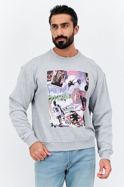 Goliath Men Crew Neck Long Sleeve Graphic Print Sweatshirt, Grey Heather