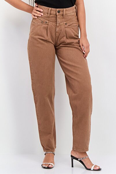 Waven Women 90s Tapered Fit Plain Non Stretch Jeans, Brown