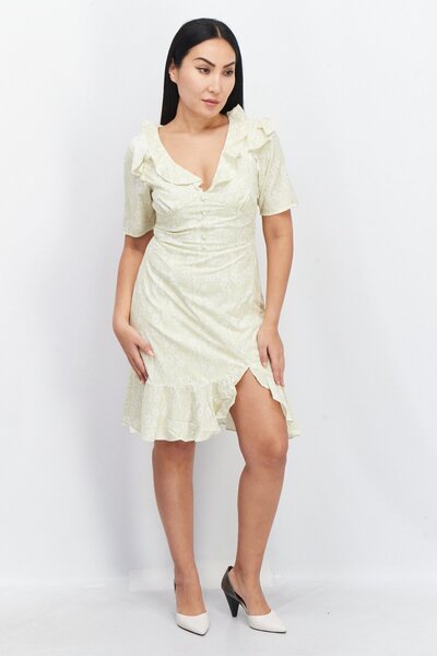 NA-KD Women Floral Print Mini Dress, Light Green